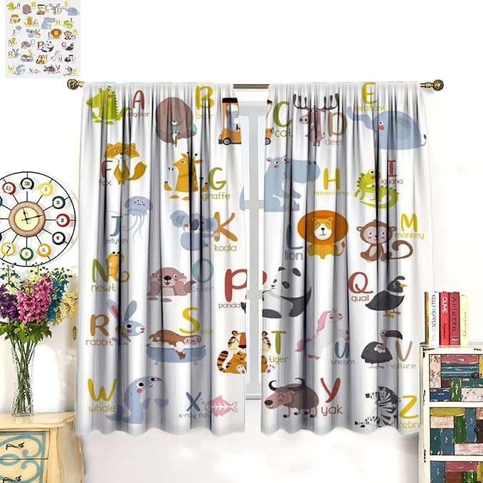 Kids Alphabet Curtains Funny Cartoon Educational Learning Cute Animal Zebra Curtain with Rod Pocket for Bedroom Living Room Decor Drapes Window Treatments 2 Panels Set 63" W X 72" L