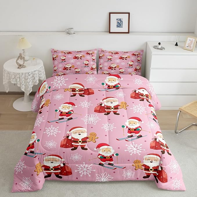 Erosebridal 7Pcs Cute Santa Claus Comforter Set Queen Size,Xmas Gingerbread Bedding Set for Kids Boys Girls,Christmas Snowboard Snowflake Bed in A Bag,Pink Christmas Quilt with Flat Fitted Sheet