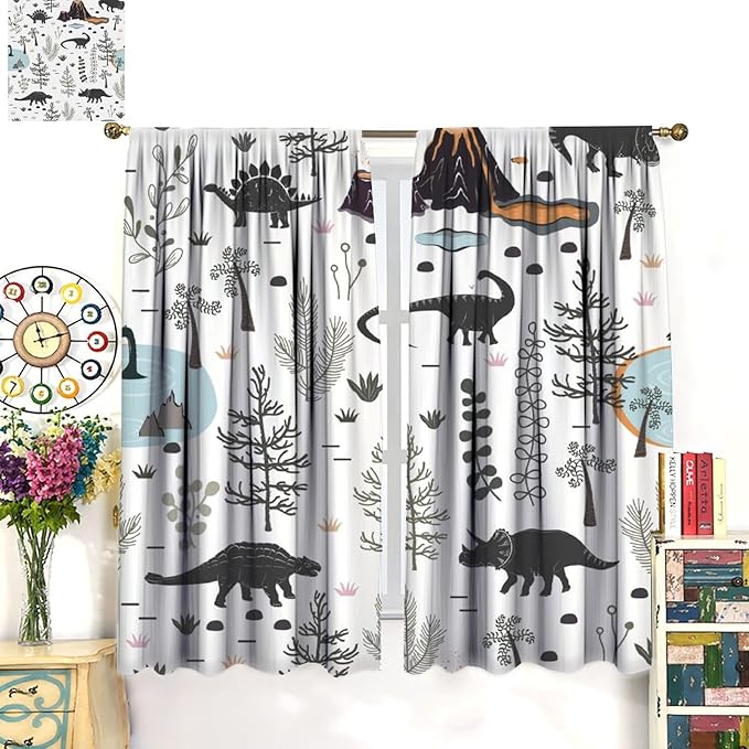 Funny Dinosaur Curtains Cute Dino Cartoon Animals Abstract Aesthetics Art Print for Kids Girls Boys Bedroom Living Room Rod Pocket Decoration Window Drapes 2 Panels W21xL45in