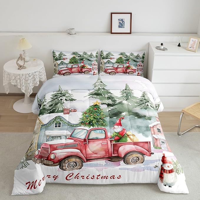 Red Old Truck Bedding Set Full Size,Christmas Tree Gnome Comforter Set for Kids Boys Girls Room Decor,Snowman Winter Rustic Style Duvet Insert 3Pcs,Merry Christmas Retro Quilt Set,2 Pillowcases