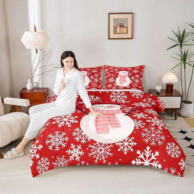 Feelyou Christmas Comforter Set All Season Snowman Red Bedding Set with 2 Pillow Cases Xmas Snowflakes Microfiber Kids Full Bedclothes Winter Snow Bedroom Decor Duvet Quilt Breathable Soft Lightweight