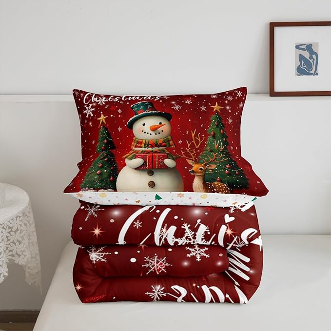 Manfei Merry Xmas Comforter Set Toddler Size,Cute Deer Snownman Bedding Set Kids Girls Adult Room Decor,Christmas Tree Gift Down Comforter Soft Duvet Insert,1 Pillowcase