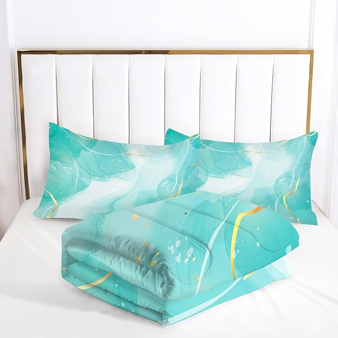 Teal Comforter Set Full: Blue Green Marble Bedding Sets for Teen Girls Kids Aqua Teal and Gold Abstract Marbling Quilts Mint Green Bed Set 1 Comforter & 2 Pillowcases