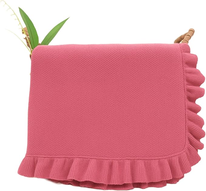 Cotton Baby Blanket with Ruffle Edge Soft Breathable Newborn Blanket for Boys & Girls, Lightweight Knit Throw for Crib, Stroller & Nursery Multiple Colors Available Rose Pink 28x36