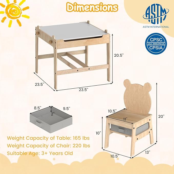 Costzon Kids Table and Chairs, 4 in 1 Wooden Activity Desk Set w/Reversible Whiteboard & Chalkboard, Hidden Storage Space and Drawers for Arts, Crafts, Play, Toddler Table and Chair Set (Bear Shape)