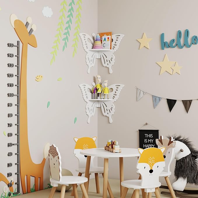 2-Tier Butterfly Corner Shelf - Nursery Wall Deor Floating Corner Shelf for Kid’s Room, Small Cute Decorative Shelf Wall Mounted, White Hanging Hollow Out Shelf for Toys, Plants and Storage