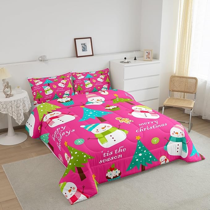 Erosebridal Christmas Kids Comforter Set Cartoon Snowman Quilts for Boys Girls Adults Xmas Tree Bedding Set Cartoon Snowflake Bedroom Decor Duvet Insert King Size