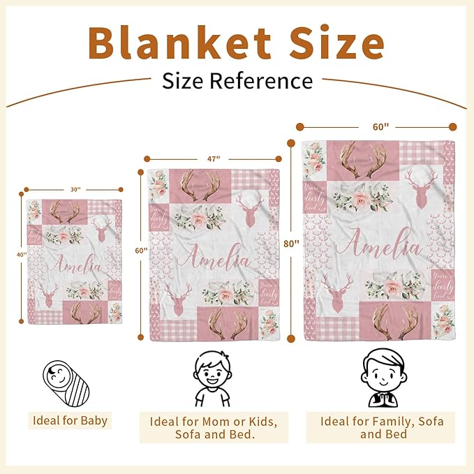 Personalized Baby Blanket with Name, Custom Pink Woodland Deer Blanket for Kids, Soft Flannel Bed Throw Blanket Swaddle for Newborn, Customizable Baby Gift & Nursery Blanket(30”x40)