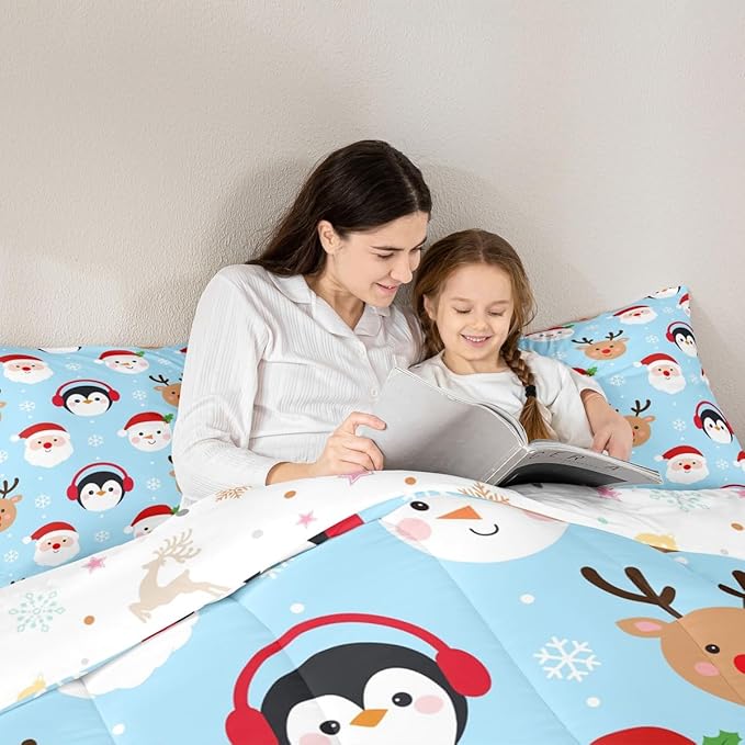 Feelyou Merry Christmas Comforter Set All Season Santa Claus Bedding Set with 1 Pillow Cases Deer Penguin Microfiber Kids Toddler Bedclothes Snowman Bedroom Decor Duvet Quilt Soft Lightweight