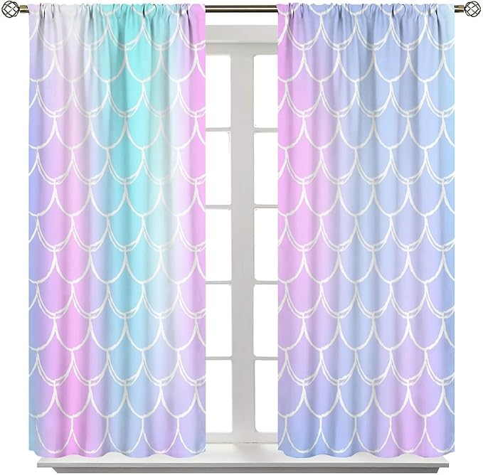 Fantasy Mermaid Curtain Rainbow Mermaid Scales Purple Pink Blue Ocean Theme Dream Blackout Window Treatment for Kids Boys Girls Bedroom Nursery Room Decor Rod Pocket Window Drapes 52x84in