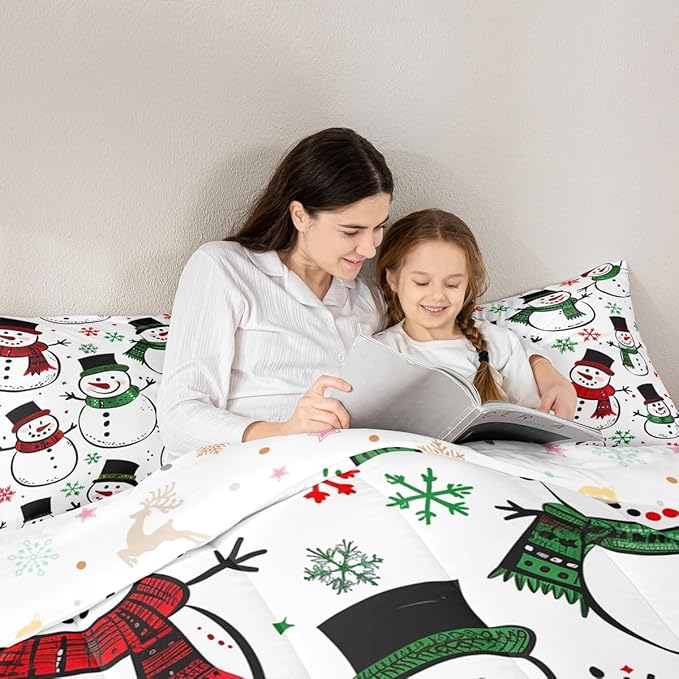 Feelyou Christmas Comforter Set All Season Snowman Bedding Set with 2 Pillow Cases Snowflake Microfiber Kids Full Bedclothes Bedroom Decor Duvet Quilt Breathable Soft Lightweight