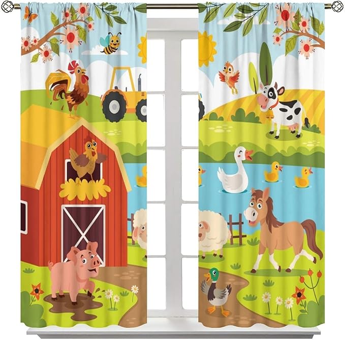 Farmhouse Curtains, Farm Scene Cartoon Animals Pattern Blackout Window Treatments, Rod Pocket Thermal Insulated Drapes 2 Panel Sets for Children Boys Bedroom Nursery Classroom, 63" W X 63" L