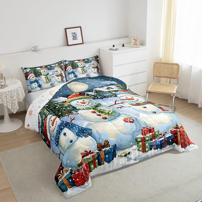 jejeloiu Kids Snowman Comforter Set Full Size Countryside Christmas Theme Bedding Set for Boys Girls Teens Xmas Tree Snowflake Winter Happy New Year Duvet Quilt Room Decor