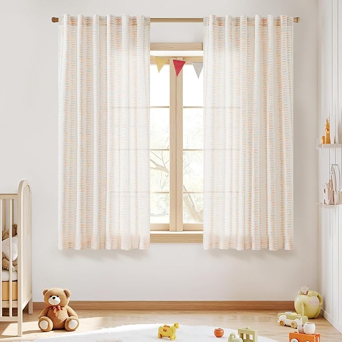 jinchan Linen Nursery Curtains for Living Room Boho Curtains for Bedroom Kids Room 63 Inches Long Pink Geometric Printed Farmhouse Drapes Rod Pocket Window Treatment Curtain Set of 2 Panels Peachy
