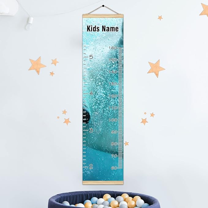 Personalized Kids Name Growth Chart Ruler for Wall Wood Frame Height Measure Chart 13.4x56 in Linen Hanging Height Growth Chart Funny Polar Bear Swimming Kids Room Decor