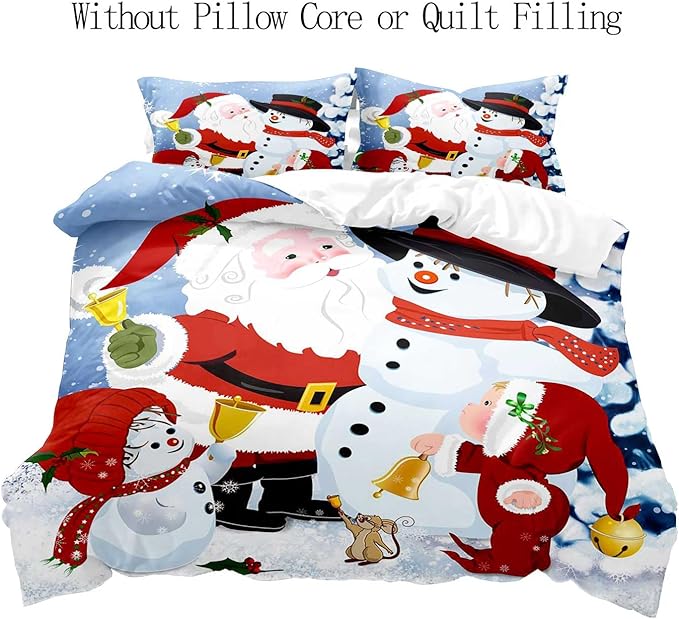 LUVIVIHOME 3PCS Christmas Duvet Cover King Bedding Set, Boys Girls Kids Bedding, Cartoon Cute Snowman Santa Claus Winter Holiday New Year Xmas Christmas Comforter Bedspread Quilt Cover, 2 Pillow Cases