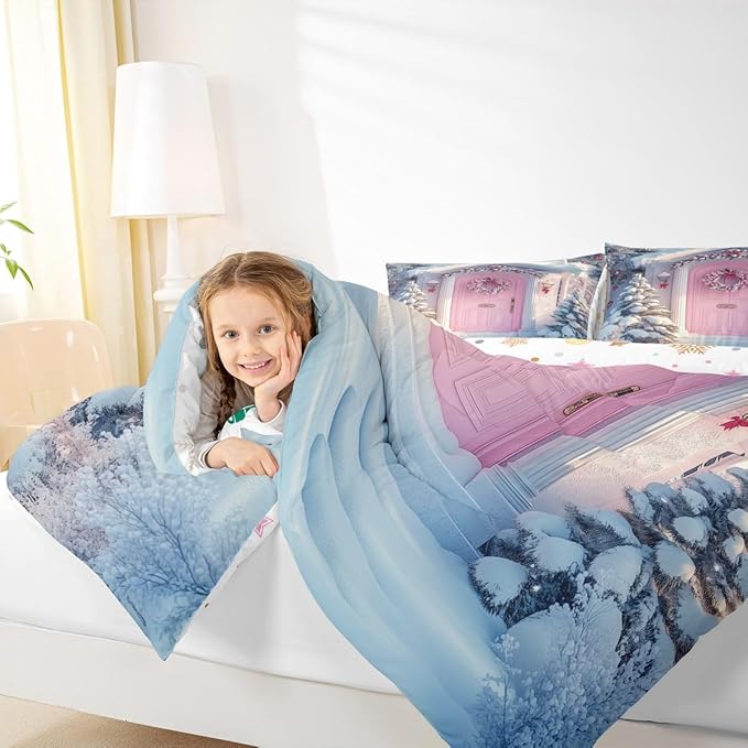 Feelyou Merry Christmas Kids Comforter Set King Size Winter Snowscape Bedding Set Pink Door Duvet Quilt for Kids Boys Girls Bedroom Garland Xmas Tree Decor Microfiber Ultra Soft Breathable