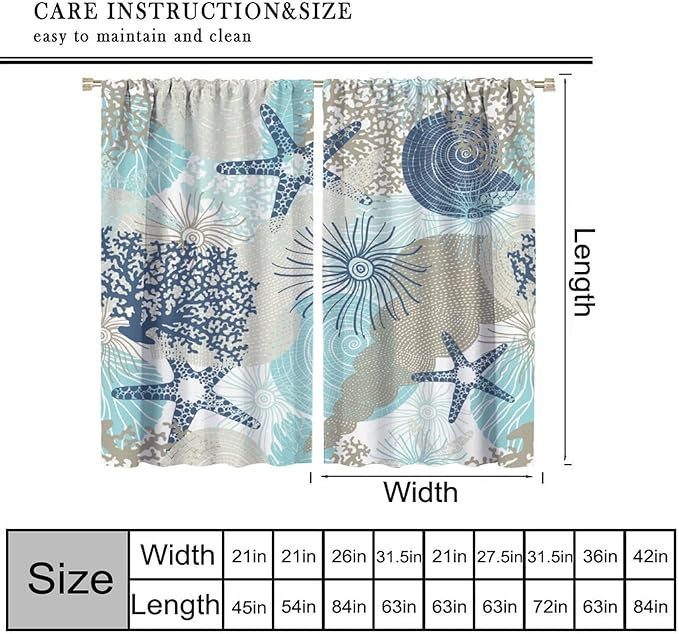 Shell Blackout Curtains Beach Shells Marine Life Water Grass Pattern Printed Curtains Suitable for Living Room Bedroom Privacy Curtains 42x63 Inches