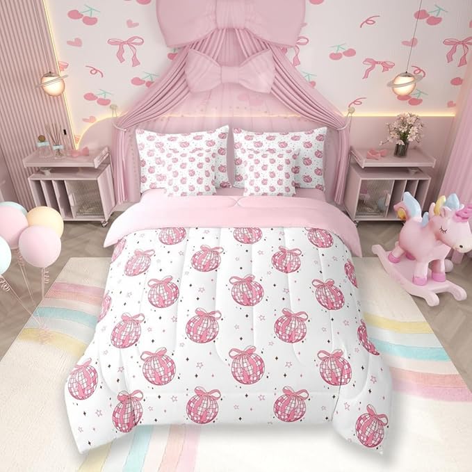 7 Pieces Bow Tie Princess Comforter Set Twin,Western Cowgirl Disco Crystal Ball Dreamy Bedding Set,Star Bowknot Patchwork Romantic Pink（Comforter+Fitted+Flat Sheet+2 Pillowcases+2 Throw Pillow Covers）