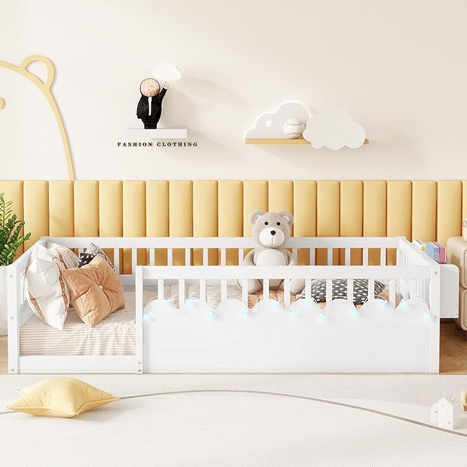 Twin Size Montessori Bed, Wood Twin Montessori Floor Bed with High Rails & Storage Shelf, Baby Floor Beds with LED Light for Boys & Girls, White