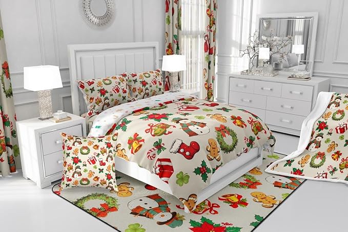 jejeloiu Merry Christmas Comforter Set Twin Size Cute Snowman Bedding Set for Kids Boys Girls Gingerbread Man Duvet Quilt Beige Bedroom Decor