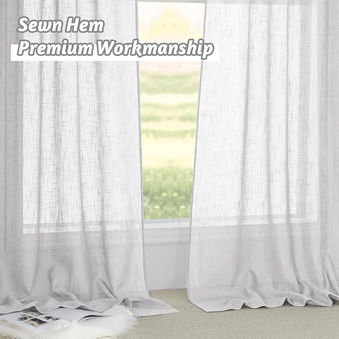 RYB HOME Linen Sheer Curtains - Privacy Textured Semi Sheer Drapes Light Glare Filtering for Bedroom Living Room French Door Window Decor, Width 52 in x Length 84 in, 2 Panels, Dove Grey
