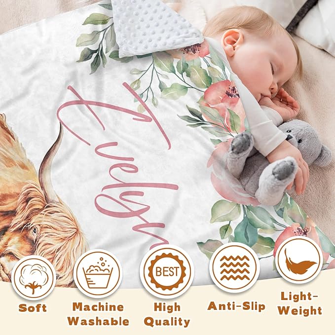Personalized Baby Blanket for Boys, Custom Name Blanket for Girl Newborn Mom, Soft Flannel with Double Layer Dotted Backing, Gifts for Baby Shower Christmas Birthday, Highland Cow(30”x40)