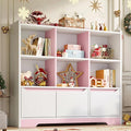 Kids Bookshelf and Toy Organizer, 2 Tier Kids Book Shelf for Kid Rooms with 2 Doors, 6 Cubes Storage Organizer,Wood Children Bookcase,Freestanding Toddler Book Display Shelf for Playroom WhitePink
