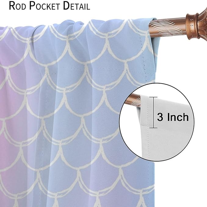 Fantasy Mermaid Curtain Rainbow Mermaid Scales Purple Pink Blue Ocean Theme Dream Blackout Window Treatment for Kids Boys Girls Bedroom Nursery Room Decor Rod Pocket Window Drapes 42x45in