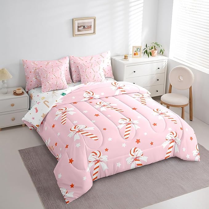 Feelyou Pink Christmas Girly Comforter Set with Sheets Kids Christmas Bowknot Bedding Set Boys Girls Bow Candy Decor Bed in a Bag Xmas Theme Bed Set Bedroom Queen Size