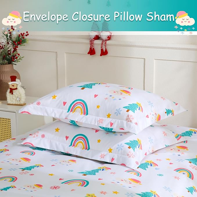 JSD Christmas Kids Duvet Cover Set Full Size, 3 Piece Rainbow Tree Microfiber Comforter Cover with Pillow Shams Zipper Closure, Comforter Not Included