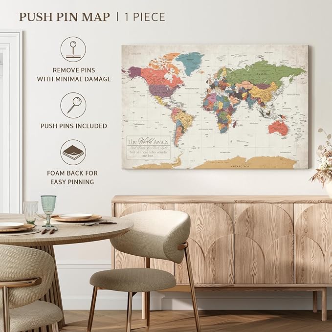 ElephantStock - Personalized World Awaits II Push Pin World Map Wall Art - Horizontal Canvas Wall Art - Living Room Wall Decor - Digital Art Map Canvas Art - Green And Beige Decor - 12" x 8"