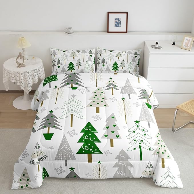 Castle Fairy Xmas Trees Comforter Set Twin Size,Merry Christmas Pine Hand Drawn Bedding Set for Kids Boys Men,Green Plant Snowflakes Winter Quilted Duvet Set with 1 Pillowcase