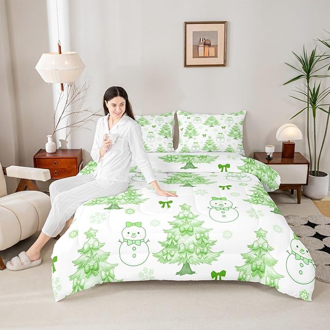 Feelyou Merry Christmas Comforter Set All Season Cute Snowman Bedding Set with 2 Pillow Cases Cartoon Bowknot Microfiber Kids Full Bedclothes Christmas Tree Duvet Quilt Breathable Soft Lightweight