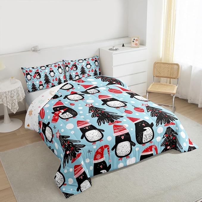 Feelyou Christmas Comforter Set All Season Penguin Bedding Set with 1 Pillow Cases Xmas Tree Microfiber Kids Toddler Bedclothes Christmas Balls Bedroom Decor Duvet Quilt Breathable Soft Lightweight