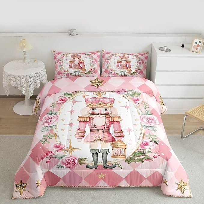 Feelyou Christmas Comforter Set Toddler Size Pink Nutcrackers Bedding Set for Kids Boys Girls Floral Duvet Quilt Funny Nutcracker Bedroom Decor Rose Microfiber 2 Pcs with 1 Pillow Cases