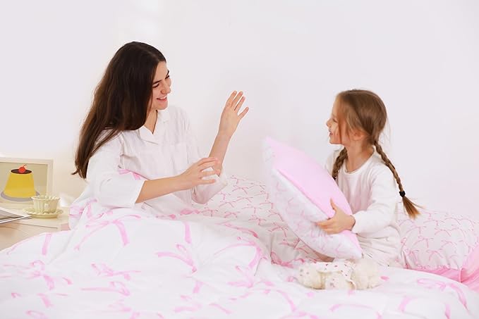 7 Pieces Cartoon Bowknot Kids Comforter Twin,Pink Bow Tie Butterfly Knot Princess Bedding Set,Watercolor Bow Patchwork Pink White（Comforter+Fitted+Flat Sheet+2 Pillowcases+2 Throw Pillow Covers）
