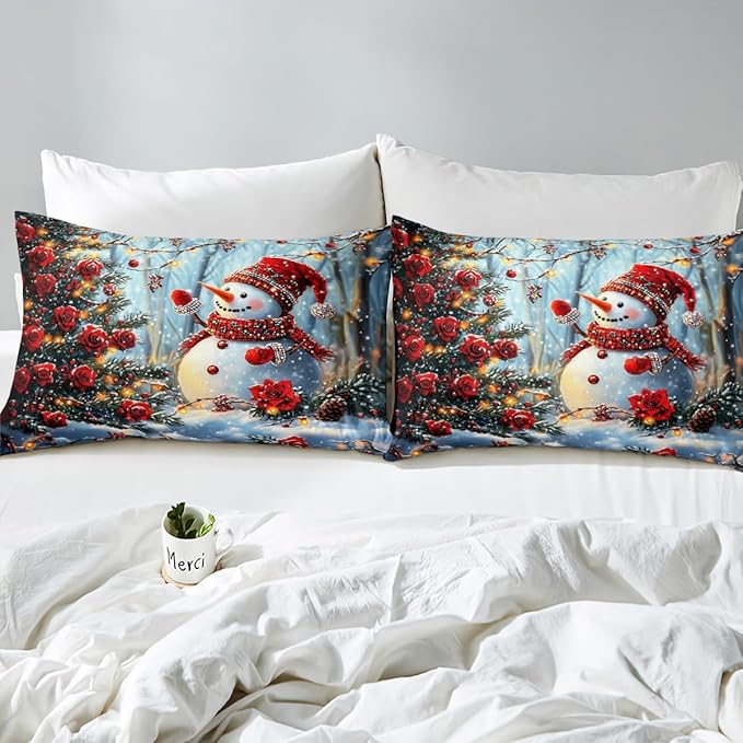 Manfei Christmas Kids Duvet Cover Set Twin Size, Cute Snowman Xmas Bedding Set for Boy Girls Room Decor, Red Flower New Year Comforter Cover, Lightweight Bedspread Cover, 1 Pillowcase, No Comforter