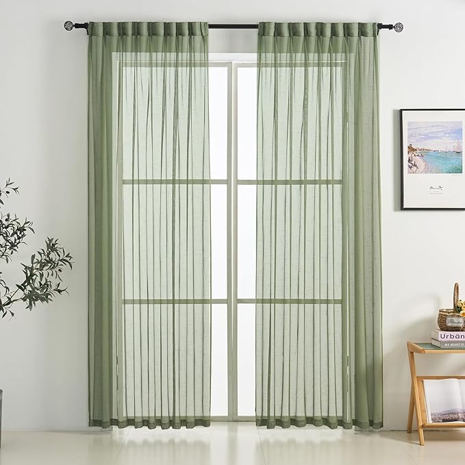 Sage Green Linen Look Pinch Pleated Sheer Curtains 108 Inches Long 2 Panels, 50 Inches Width, Rustic Textured Light Filtering Drapes, Elegant Floor to Ceiling Window Curtain with Hooks