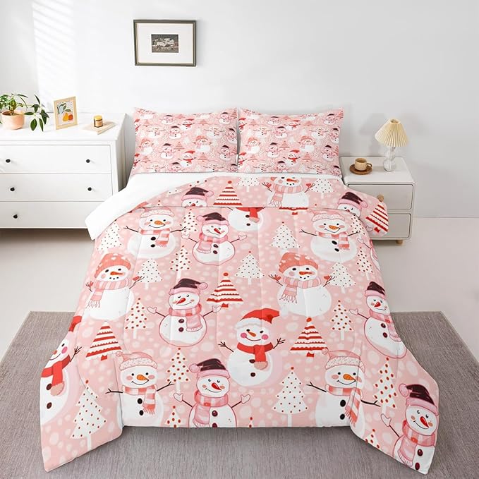 Manfei Christmas Comforter Set Twin Size, Snowman and Xmas Trees Down Comforter with 1 Pillowcase, New Year Pink Bedding Set 2pcs for Kids Girls Adults Bedroom Decor Lightweight Duvet Insert