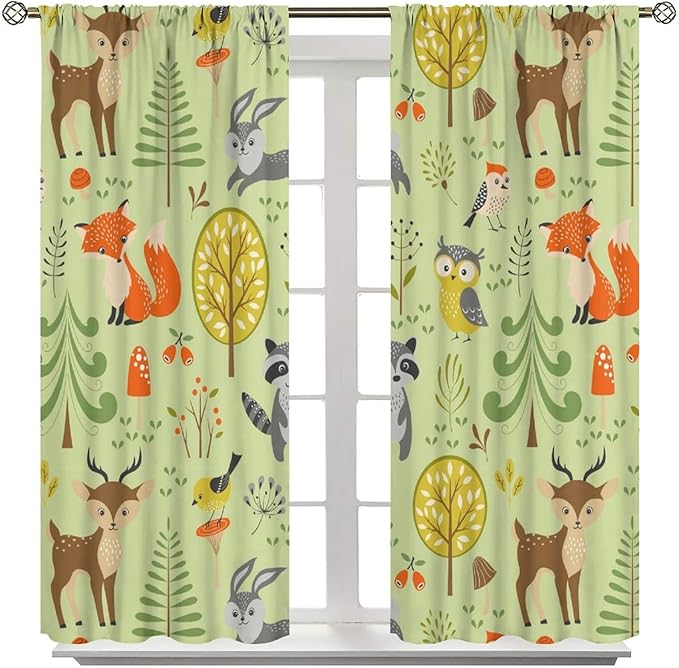Cute Animals Curtains, Fox Bear Cartoon Wild Animals Blackout Window Treatments, Rod Pocket Thermal Insulated Drapes 2 Panel Sets for Kids Bedroom Nursery Classroom, 52" W X 84" L