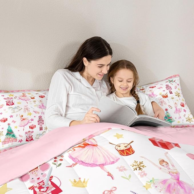 Feelyou Pink Christmas Kids Comforter Set Full Size Ballet Nutcracker Bedding Set Snowflake Duvet Quilt for Kids Boys Girls Bedroom Decor Microfiber Ultra Soft Breathable