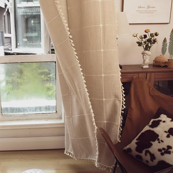 Deeprove Boho Curtains 96 Inches Length for Living Room, Bohemian Lattice Gingham Chic Textured Embroidery Plaids, Vintage Tassels Country Decor Drapery, Rod Pocket, 1 Panel W52 x L96, Natural Linen