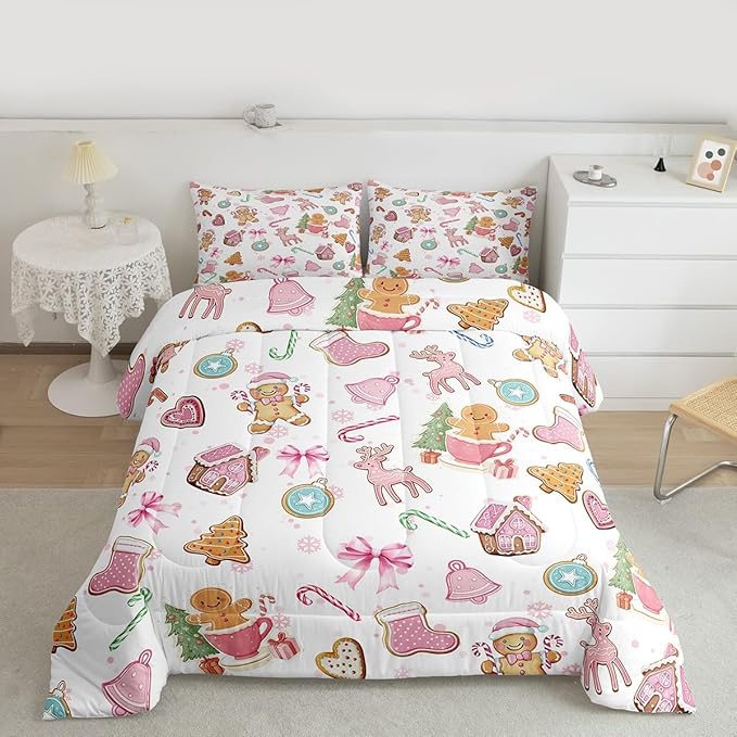 Cute Bow Tie Kids Comforter Set Queen Size,Pine Tree Merry Christmas Elk Deer Bedding Set,Room Decor,Bowknot Gingerbread Man Snowflake Quilt,Pink Colorful Duvet Set Bedroom Quilt Set,2 Pillowcases