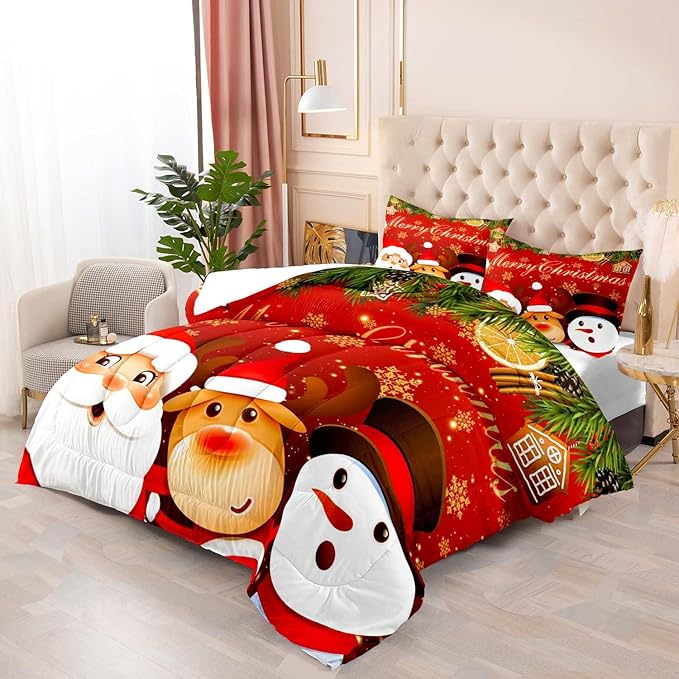 LUVIVIHOME 2PCS Merry Christmas Comforter Set Twin Size, Reindeer Snowman Santa Claus Bedding, Holiday New Year Cute Christmas Bedroom Decor for Kids Boys Girls Teens, Xmas Gifts, 1 Pillow Case