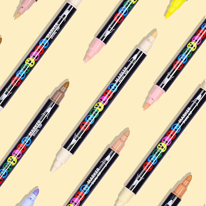 24 Colors Dual Tip Art Markers with Fine & Soft Brush Acrylic Paint Pens Lighter Skin Tone for Paper, Rock Painting, Wood Sign, Drawing for Adult Waterproof
