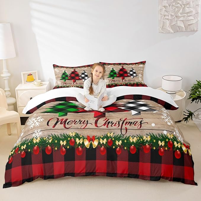 Manfei Plaid Tree Duvet Cover Set Queen Size, Wooden Stripe Print Bedding Set 3pcs for Kids Boys Girls Bedroom Decor, Christmas Theme New Year Comforter Cover with 2 Pillowcases,No Comforter