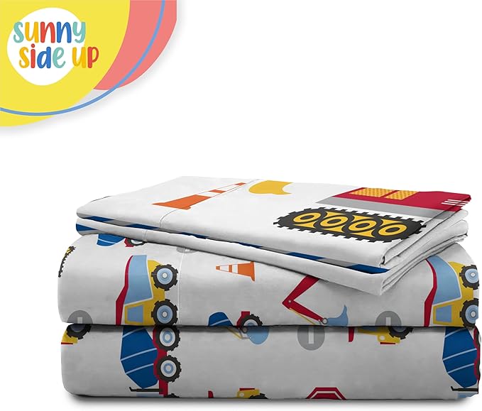 Sunny Side Up Construction Zone Full Sheet Set - 4 Piece Kids Bedding Set Includes Pillow Cover - Super Soft Trucks Microfiber Sheets