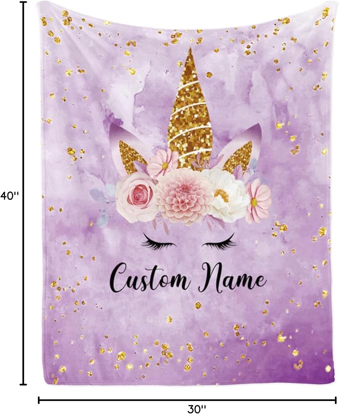 Personalized Unicorn Blanket with Name for Girl, Custom for Kids, Soft Flannel Purple Toddler Customized Gift for Birthday Christmas Baby Shower Newborn 30'' X 40'', 30''x40'' for baby