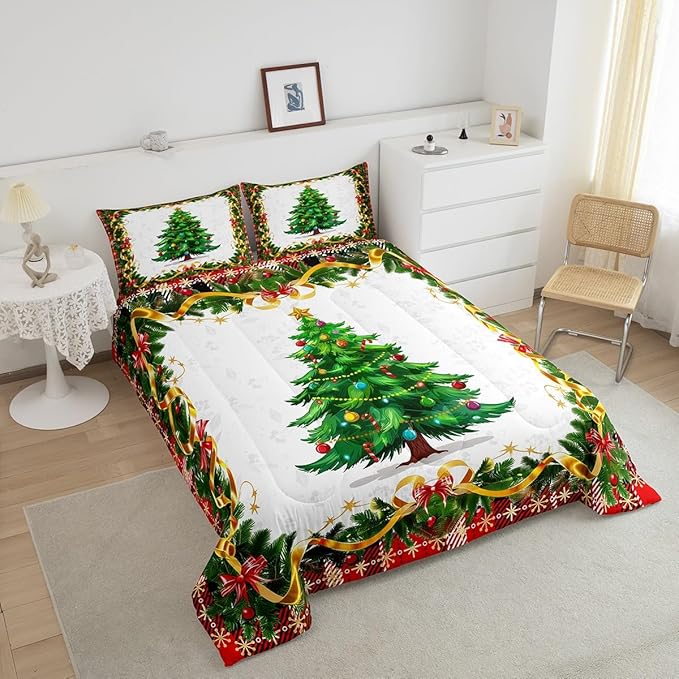 Christmas Tree Comforter Set King Size,Merry Christmas Duvet Insert for Kids Boys Girls Room Decor,Snowflake Bowknot Green Pine Leaves Bedding Set 3Pcs,Xmas Plaid Patchwork Quilt Set,2 Pillowcases
